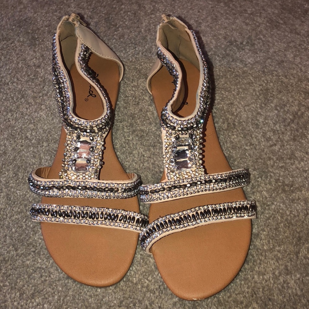 Grey and beige beaded sandals